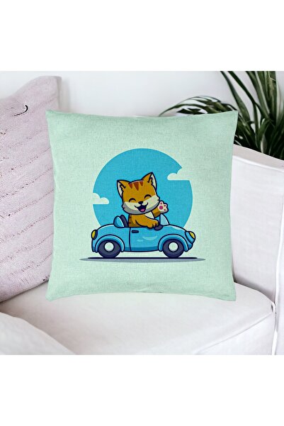 BEKZ Față de pernă, model pisică cu mașină, 40x40 cm, verde mentă