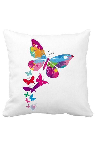 BEKZ Perna Decorativa Patrata Fluture Colorful, 40x40 cm, Alba, Mata, Husa Detasabila, Burduf