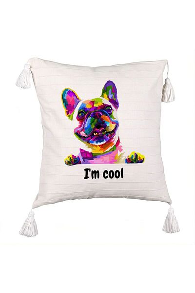 BEKZ Fringed Pillowcase, I'm Cool Colorful Pattern, 45x45 cm, Ecru, With Zipper