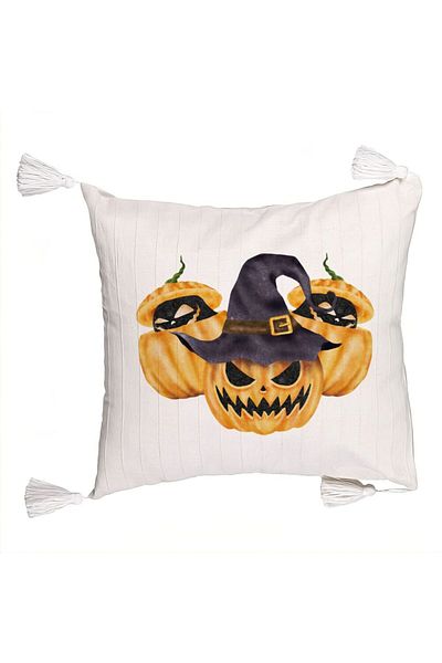 BEKZ Decorative Pillow with Fringes with Halloween Pumpkin Motif 3, 45x45 cm, Ecru, With Zipper