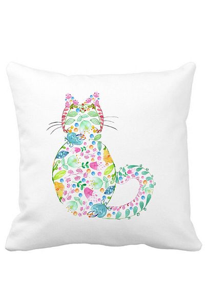 BEKZ Perna Decorativa Pisica cu Flori, Multicolor, 40x40 cm, Alba, Mata, Husa Detasabila, Burduf
