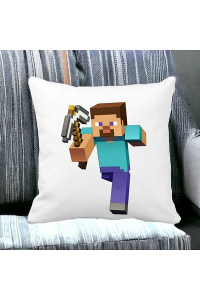 BEKZ Pernă decorativă pătrată Minecraft Mining Steve 8bit, 40x40 cm, albă, mată, husă detașabilă, Bello