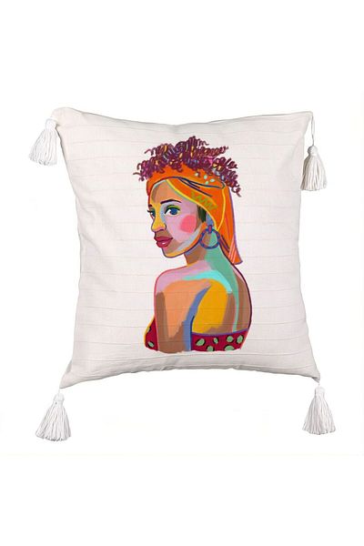 BEKZ Fringed Pillowcase, Curly African Pattern, 45x45 cm, Ecru, With Zipper
