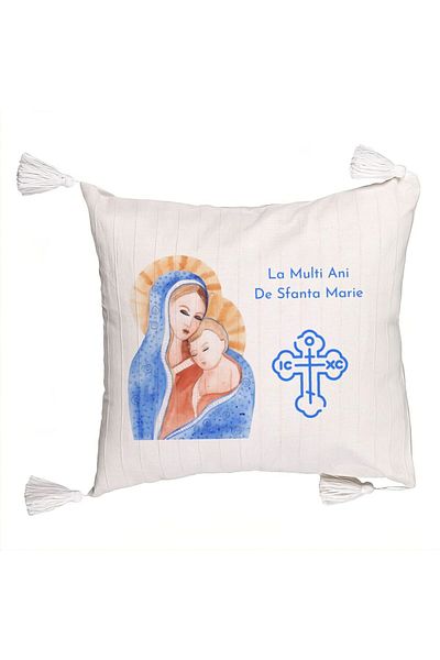BEKZ Fringed Pillowcase, Happy Birthday Saint Mary Pattern, 45x45 cm, Ecru, With zipper