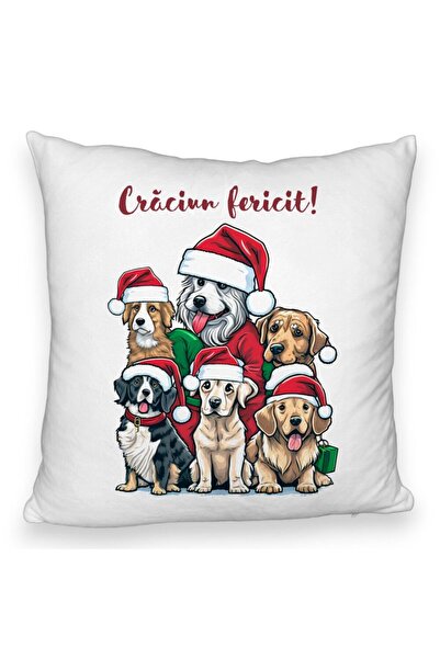 BEKZ Пухкава коледна декоративна възглавница с кученца и текст, 40x40 см, бял...
