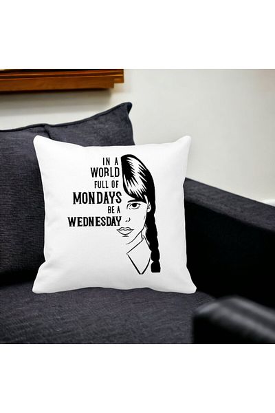 BEKZ Wednesday Addams and Text Decorative Pillow, 40x40 cm, White, Matte, Removable Cover, Bellows