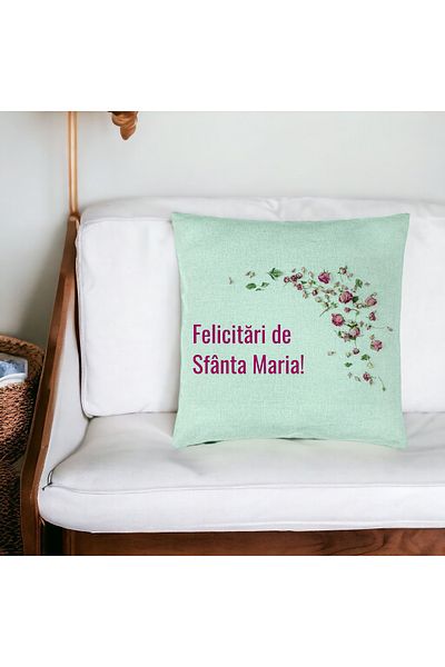 BEKZ Perna Decorativa, Model Felicitari de Sfanta Maria, 40x40 cm, Verde Menta, Husa Detasabila, Burduf