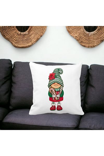 BEKZ Christmas Themed Decorative Pillow, Gnome 5, 40x40 cm, White, Matte, Removable Cover, Bellows