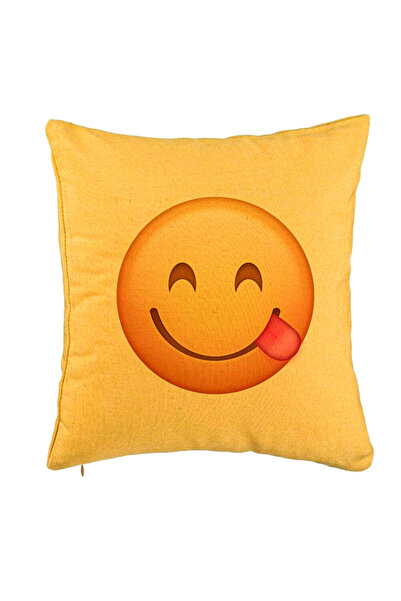 BEKZ Perna Decorativa, Model Emoji cu Limba, 40x40 cm, Galben, Husa Detasabila, Burduf