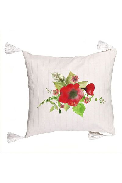 BEKZ Fringed Pillowcase, Floral Poppy Pattern, 45x45 cm, Ecru, With Zipper
