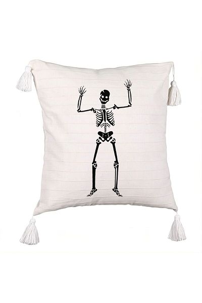 BEKZ Fringed Pillowcase with Halloween Skeleton Motif 1, 45x45 cm, Ecru, With zipper