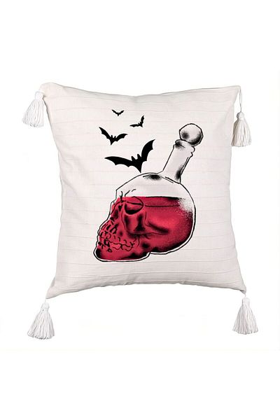 BEKZ Decorative Pillow with Fringes with Halloween Skull Glass Motif 1, 45x45 cm, Ecru, With zipper