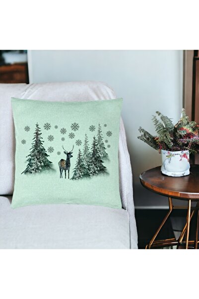 BEKZ Christmas Pillowcase, Landscape With Trees And Deer, 40x40 Cm, Mint Green