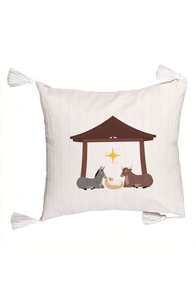 BEKZ Christmas themed Fringed Pillowcase, Birth of Hope, 45x45 cm, Ecru, With zipper