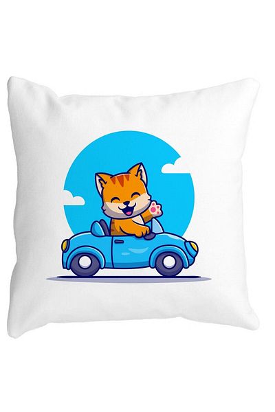 BEKZ Square Pillowcase Cat With Car, 40x40 Cm, White, Matte