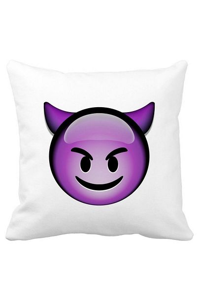 BEKZ Perna Decorativa Patrata Emoji Diavol, 40x40 cm, Alba, Mata, Husa Detasabila, Burduf