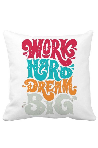 BEKZ Work Hard Dream Big Square Decorative Pillow, 40x40 cm, White, Matte, Removable Cover, Bellows