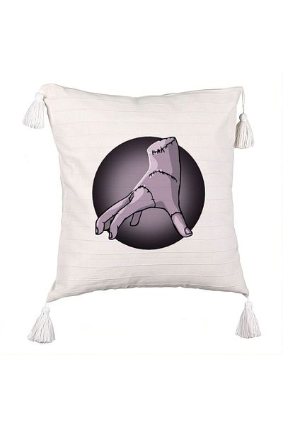 BEKZ Fringed Pillowcase, Wednesday Addams The Thing Pattern, 45x45 cm, Ecru, With Zipper