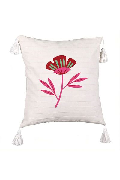 BEKZ Decorative Pillow with Fringes, Floral Pattern Red Paradise, 45x45 cm, Ecru, With Zipper