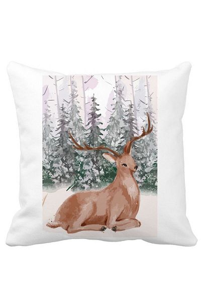 BEKZ Perna Decorativa cu tematica de Craciun, Cerb, 40x40 cm, Alba, Mata, Husa Detasabila, Burduf