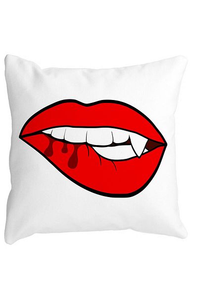 BEKZ Perna Decorativa Buze Femeie si Dinte de Vampir, 40x40 cm, Alba, Mata, Husa Detasabila, Burduf