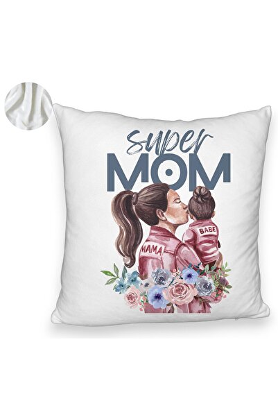 BEKZ Perna Decorativa Fluffy, Model Super MOM Babe, 40x40 cm, Alba, Husa Detasabila, Burduf