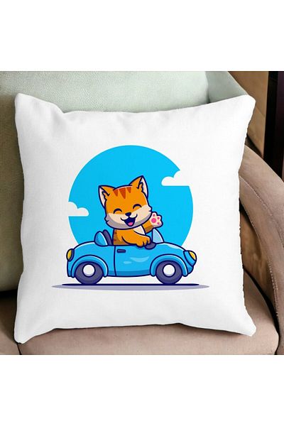 BEKZ Square Pillowcase Cat With Car, 40x40 Cm, White, Matte