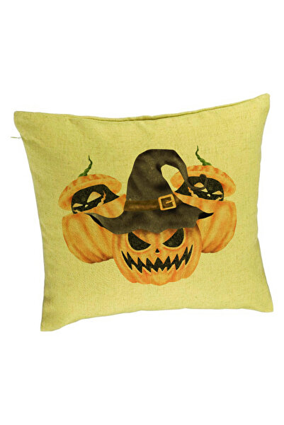 BEKZ Perna Decorativa cu motiv Dovleac de Halloween 3, 40x40 cm, Verde, Husa Detasabila, Burduf