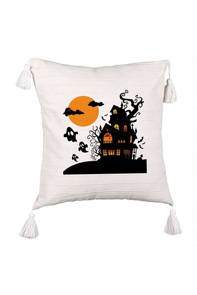BEKZ Fringed Pillowcase with Halloween Motif 4, 45x45 cm, Ecru, With Zipper
