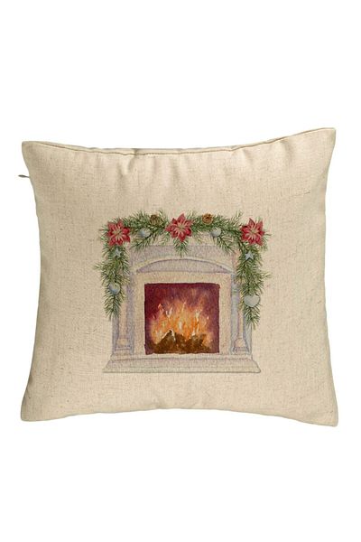 BEKZ Perna Decorativa cu tematica de Craciun, Semineu, 40x40 cm, Bej, Husa Detasabila, Burduf