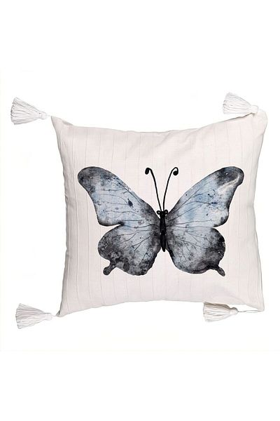 BEKZ Fringed Pillowcase, Butterfly Model 1, Blue and Black 45x45 cm, Ecru, With zipper