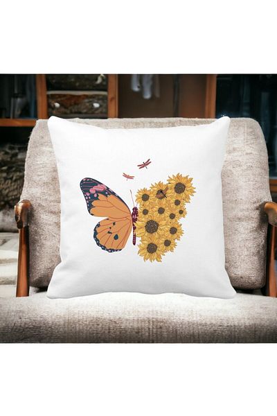 BEKZ Decorative Pillow, SunFlower Butterfly, 40x40 cm, White, Matte, Removable Cover, Bellows