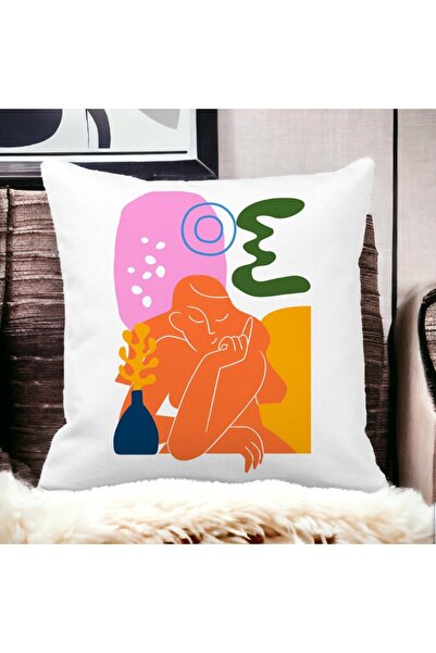 BEKZ Perna Decorativa Patrata Abstracta 1,40x40 cm, Alba, Mata, Husa Detasabila, Burduf