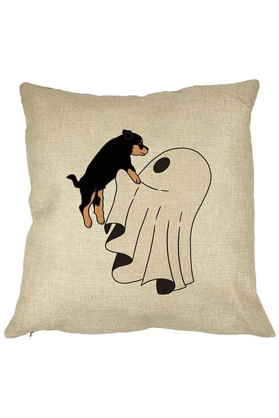 BEKZ Perna Decorativa cu motiv Fantoma si Caine de Halloween, 40x40 cm, Husa Detasabila, Burduf
