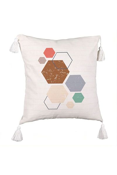 BEKZ Fringed Pillowcase, Geometric Shapes Pattern 3, Multicolor 45x45 cm, Ecru, With Zipper