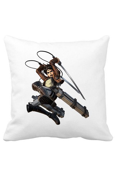 BEKZ Decorative Pillow with Attack on Titan Eren Yeager, 40x40 cm, White, Matte, Removable Cover, Bellows