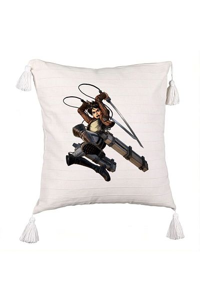 BEKZ Fringed Pillowcase with Attack on Titan Eren Yeager, 45x45 cm, Ecru, With zipper