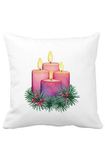 BEKZ Christmas Themed Decorative Pillow, Candles 5, 40x40 cm, White, Matte, Removable Cover, Bellows