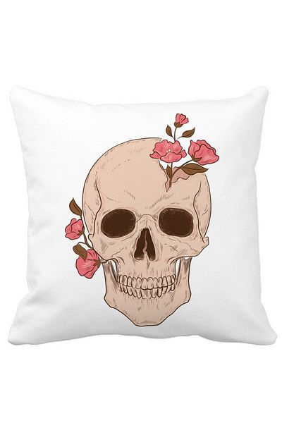 BEKZ Square Pillowcase Skull Rose Art, 40x40 Cm, White, Matte