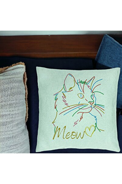 BEKZ Perna Decorativa, Model Pisica Meow, 40x40 cm, Verde Menta, Husa Detasab...