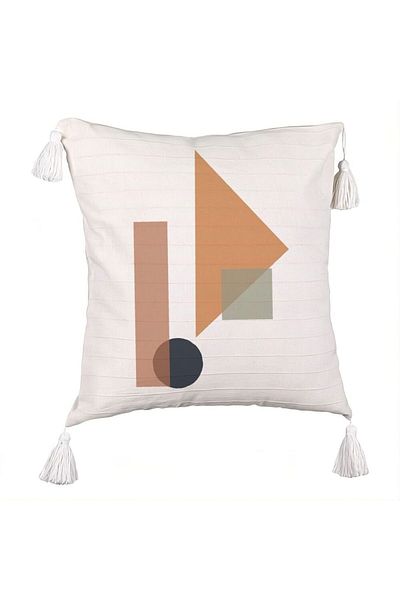 BEKZ Fringed Pillowcase, Geometric Shapes Pattern 1, Multicolor, 45x45 cm, Ecru, With zipper