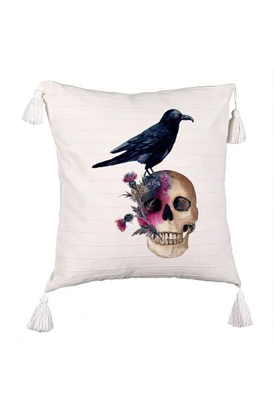 BEKZ Fringed Pillowcase with Halloween Skull and Crow Motif, 45x45 cm, Ecru, With Zipper