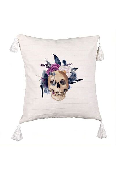 BEKZ Fringed Pillowcase with Halloween Skull and Flowers Motif, 45x45 cm, Ecru, With Zipper
