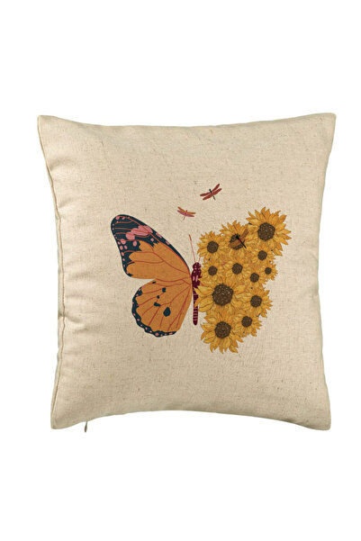 BEKZ Decorative Pillow, SunFlower Butterfly Pattern, 40x40 cm, Beige, Removab...