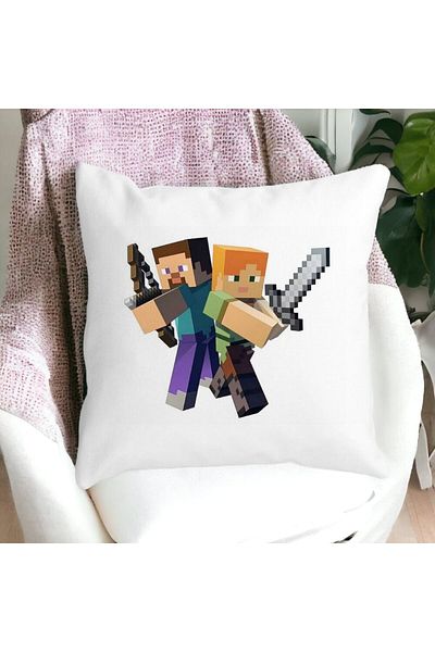 BEKZ Minecraft Square Decorative Pillow, 40x40 cm, White, Matte, Removable Cover, Bellows