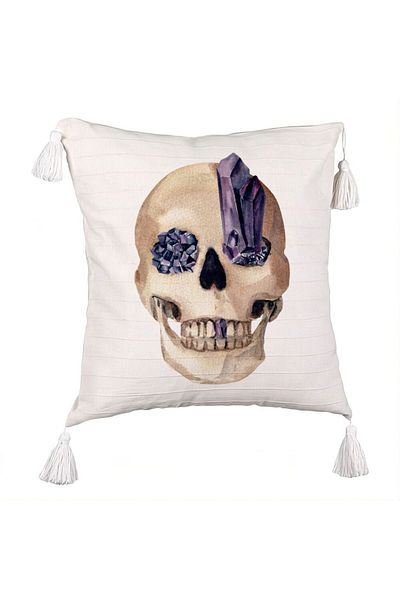 BEKZ Fringed Pillowcase with Halloween Skull Motif, 1, 45x45 cm, Ecru, With Zipper
