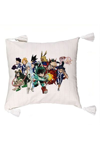 BEKZ Fringed Pillowcase with My Hero Academia Characters, 45x45 cm, Ecru, With zipper