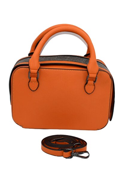 Morpelikan Women's Stylish Detailed Zippered Adjustable Cross Strap Orange Hand and Shoulder Bag