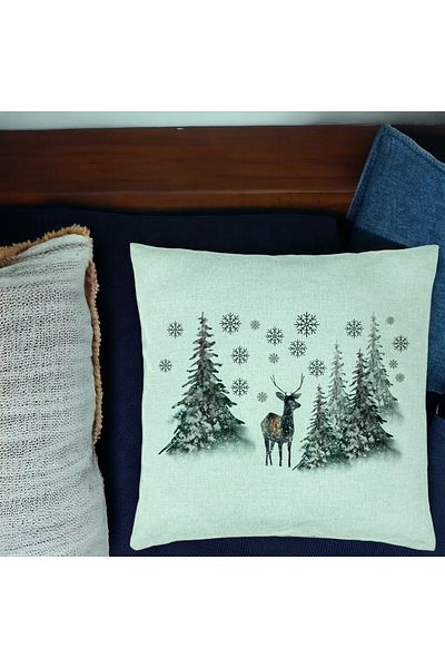 BEKZ Christmas Pillowcase, Landscape With Trees And Deer, 40x40 Cm, Mint Green
