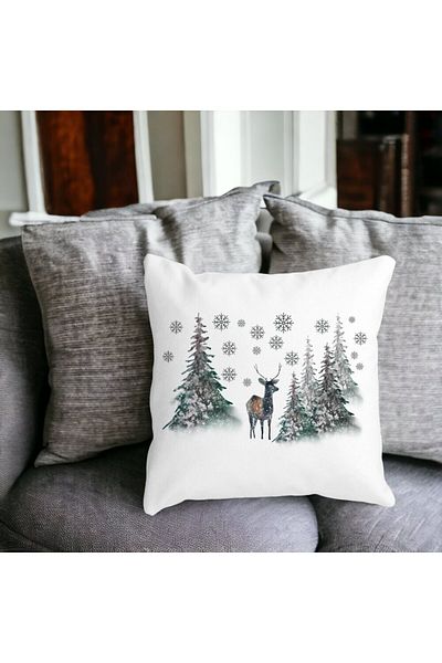 BEKZ Pernă decorativă de Crăciun, peisaj cu copaci și căprioare, 40x40 cm, albă, mată, husă detașabilă,